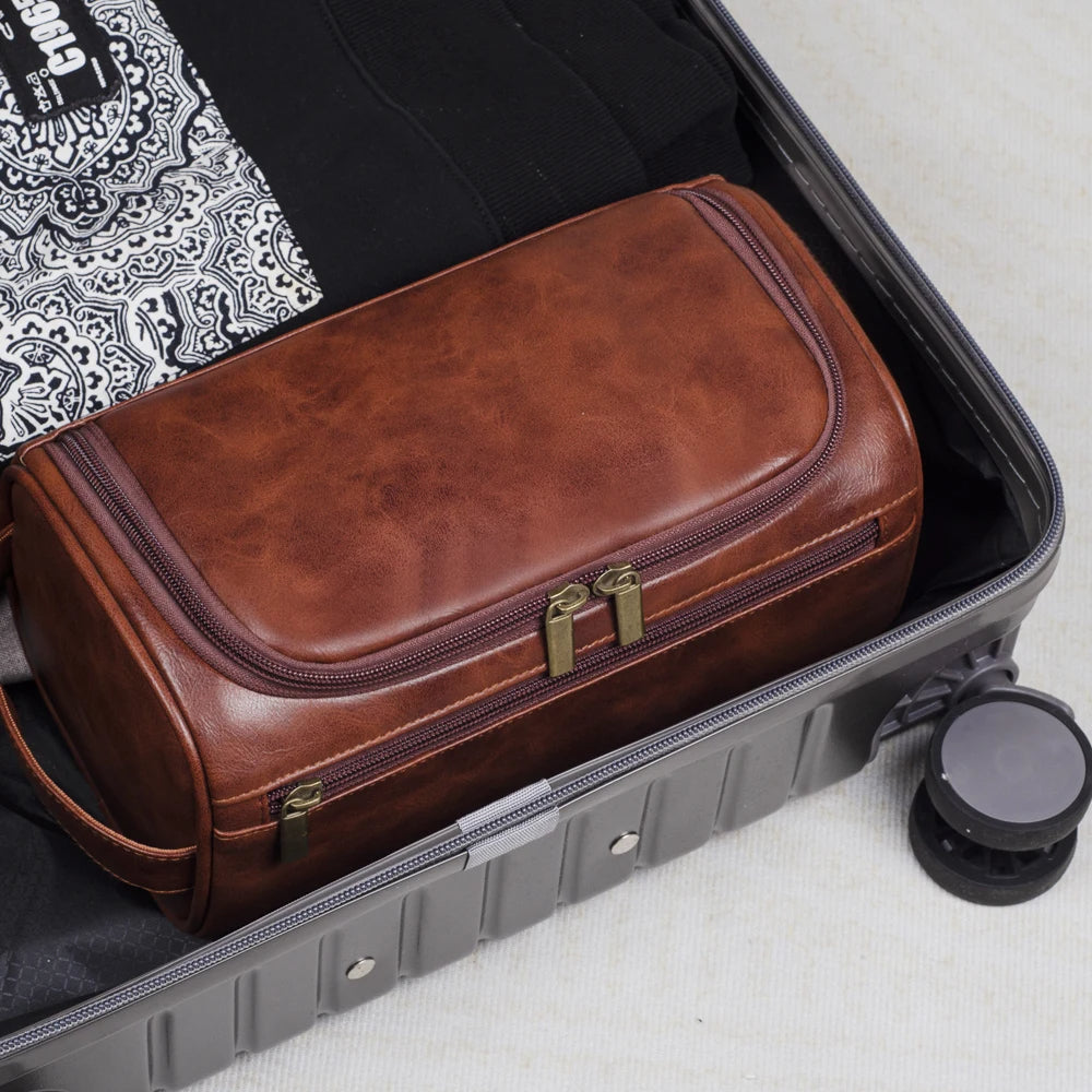 Vekoria – Men's PU Leather Toiletry Bag with Hanging Hook and Water-Resistant Design