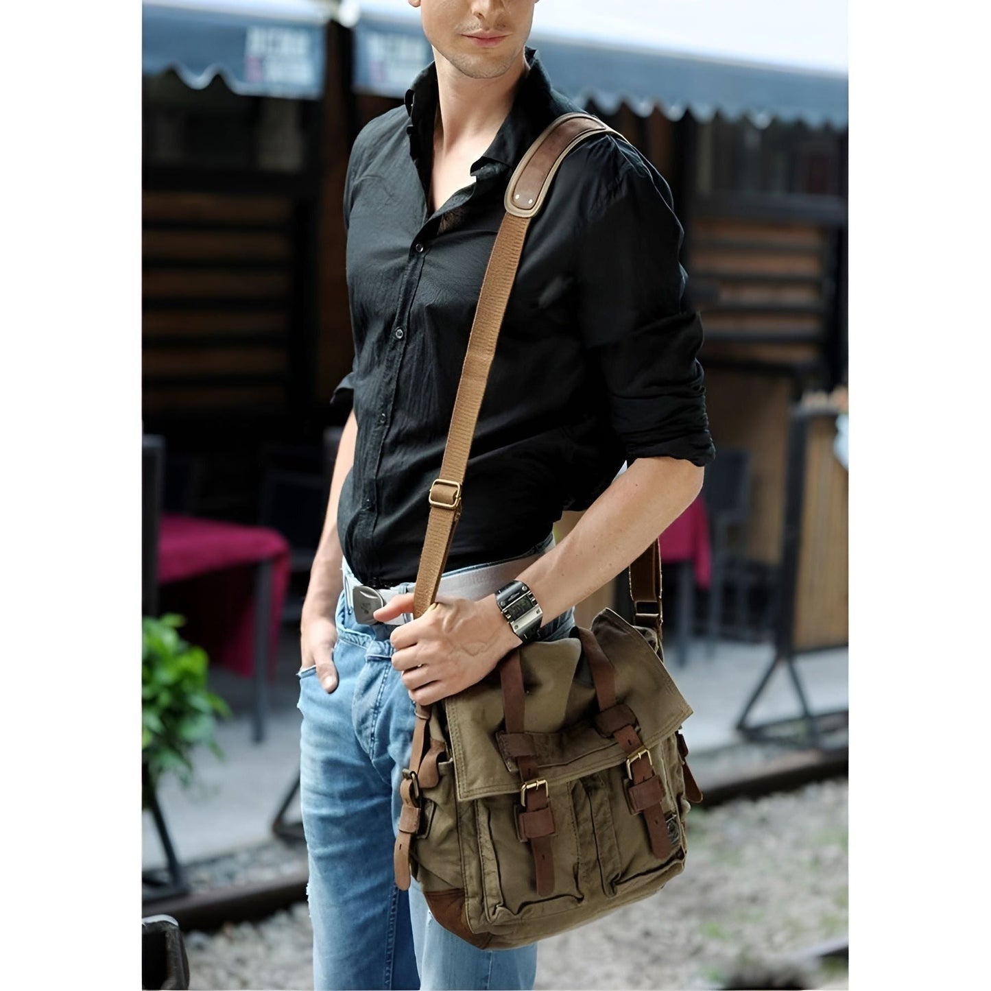 Vekoria β Men's Vintage Canvas Messenger Bag with PU Leather Accents